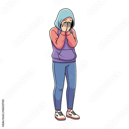 Emotions Hidden: a portrait of a young person with hidden emotion, conveys a sense of vulnerability, shyness, or sadness, it tells a story of unspoken feelings and hidden depths.