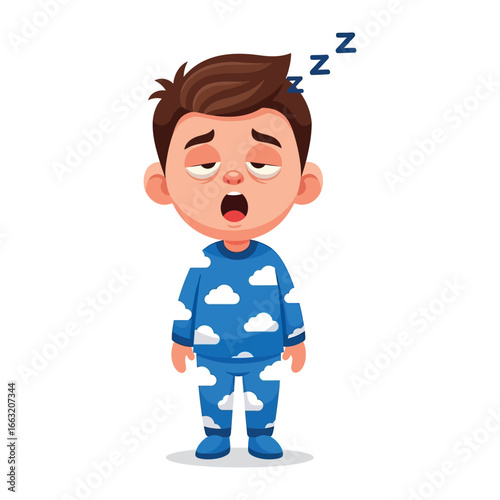 Tired sleepy boy yawning: A cartoon illustration of sleepy boy yawning wearing blue pajamas with cloud motif.