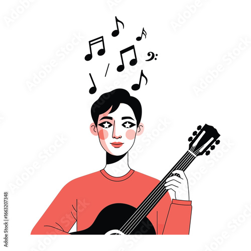 Serenade of Solitude: A young guitarist strums a soulful melody. The artwork illustrates the intersection of creativity and artistic solitude.