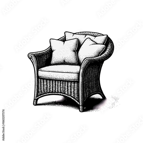 A wicker chair with cushions