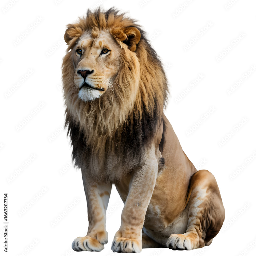 Obraz premium Majestic lion sitting isolated on transparent background, a symbol of strength and beauty