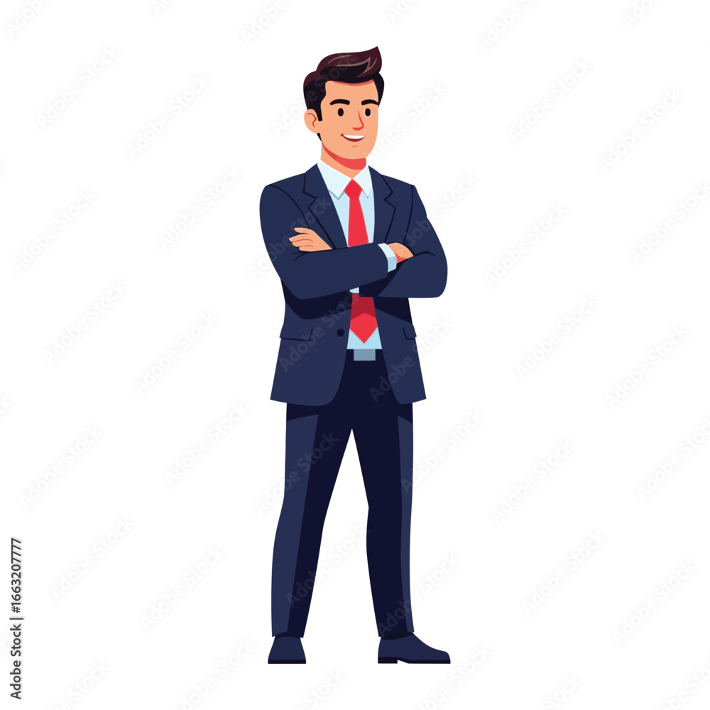 Confident Executive Standing: A sophisticated businessman in a sharp suit stands with arms crossed, a picture of confidence and authority in a professional setting. Confident Executive Standing: A sophisticated businessman in a sharp suit stands with arms crossed, a picture of confidence and authority in a professional setting.