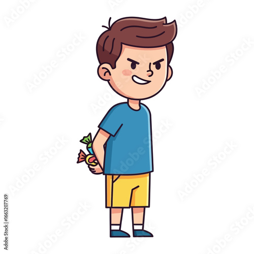 Hidden Treats: A mischievous young boy, concealing colorful candy behind his back, wears a sly expression, embodying the thrill of secrecy and sugary delight.