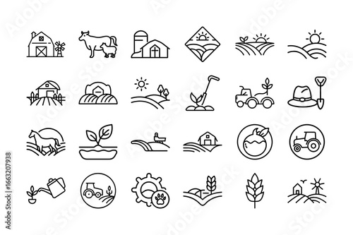 Farming and Agriculture Logo Icon Set. Farm, Agriculture, Farming, Crop, Tractor, Planting, Animal, Harvest, Rural, Soil, Ranch, Greenhouse, Agricultural Icons. Editable Stroke. Vector Illustration.