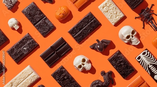 Chocolate bar halloween night flat design top view scary theme 3D render Triadic Color Scheme.