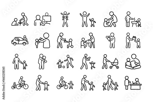 Father & Child vector Icon Set. Family, Father, Childcare, Parenting, Fatherhood, Play, Walking, Learning, Family Bonding, Family Activities, Parenting Icons, Child Care, and More. Editable Stroke. 
