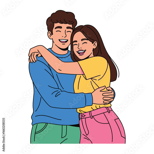 Joyful Embrace: A heart-warming illustration showcases a young couple locked in a tender embrace, their faces alight with the shared joy of connection and affection.