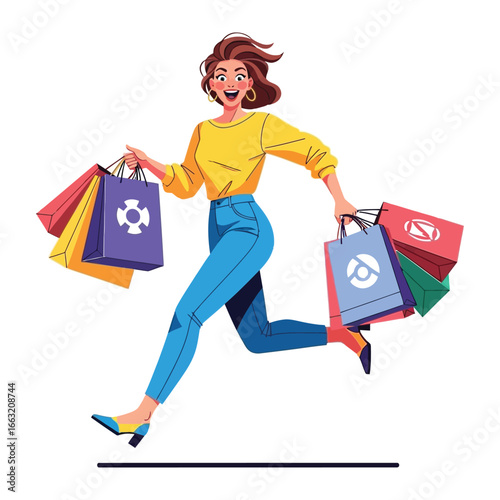 Joyful Shopping Spree: An illustrated woman with stylish attire enthusiastically strides forward, clutching a multitude of shopping bags, symbolizing the excitement and satisfaction of retail therapy.