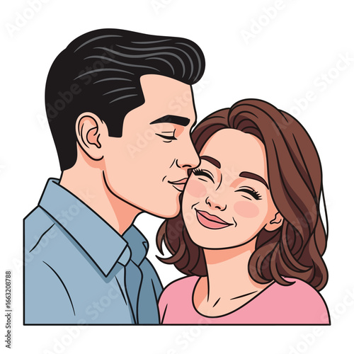 Affection's Embrace: A heartwarming depiction of a man affectionately kissing a woman, symbolizing love, joy, and intimacy in a vibrant illustration.