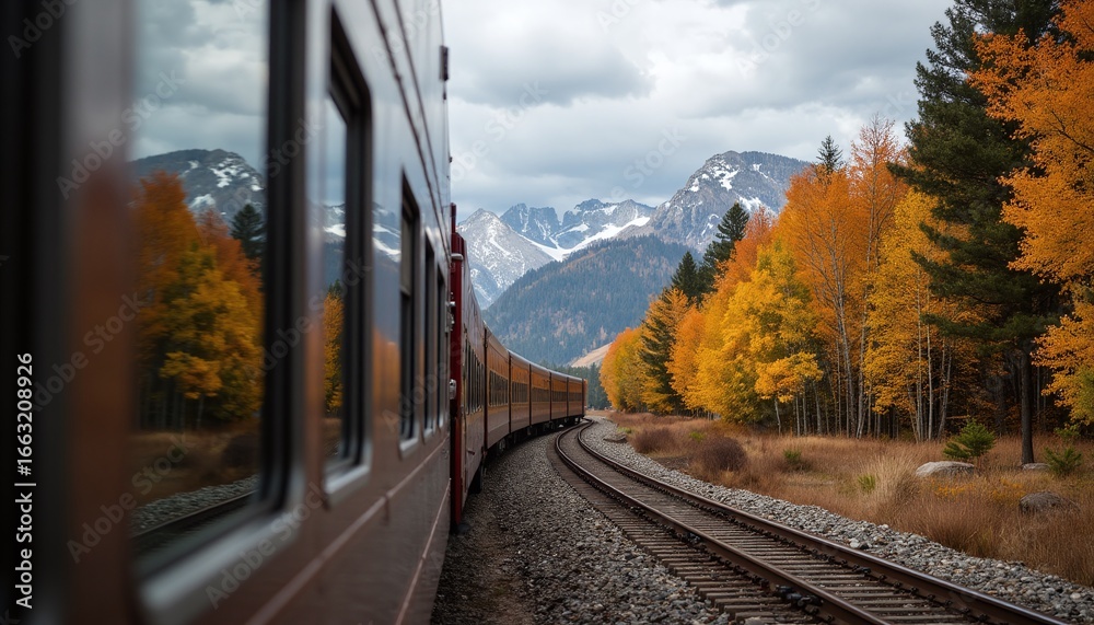 Fototapeta premium Scenic Train Journey Through Vibrant Autumn Forest and Majestic Mountain Range