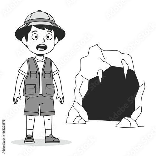 Young Explorer's Discovery: An adventurous young explorer, brimming with wonder, gazes at a mysterious cave entrance in a captivating monochromatic illustration. 
