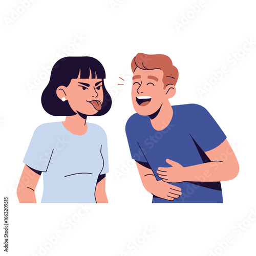 Teasing Moment of Merriment: A cartoon illustration captures the playful spirit of humor, as a person sticks out their tongue playfully teasing another person who reacts with laughter. 
