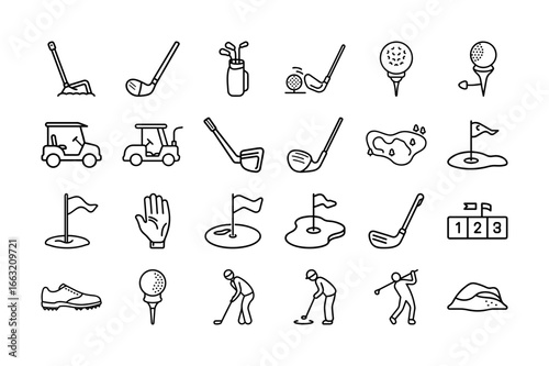 Golf Elements Vector Icon Set. Golf Clubs, Golf Cart, Hole, Flag, Ball, Golf Shoes, Sports Gear, Golf Course, Tee, Athlete, Golf Game, and More. Editable Stroke. Vector Illustration.