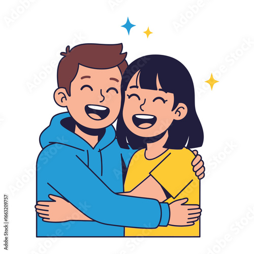 Joyful Embrace: An illustration of a happy couple sharing an intimate embrace, their faces lit up with pure joy and contentment. Representing happiness and mutual support in a vibrant color palette. 