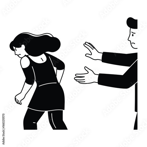 Facing Relationship Conflict: An artistic monochrome depiction of a relationship's breaking point. A person in a dress turns away, while another person shows his hand in the background.