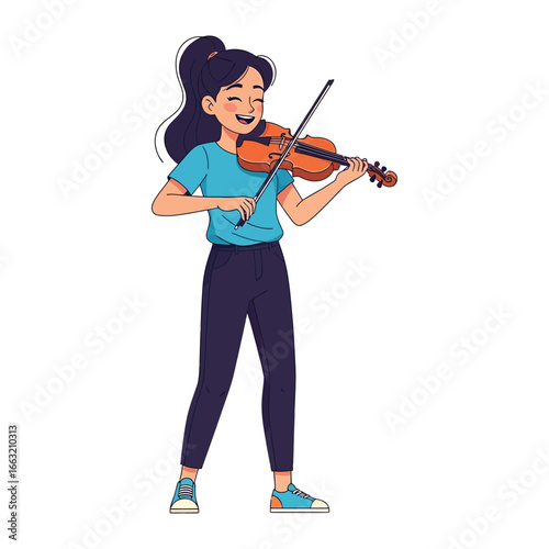 Musical Serenade: A joyful illustration shows a girl engrossed in playing a violin, filling the scene with harmony and the delight of music.