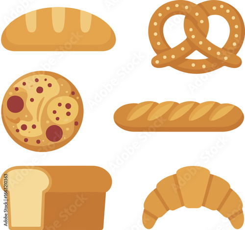 Bakery Bread Flat Icons Set Ciabatta, Pretzel, Focaccia, Baguette, Loaf, Croissant, Bread Roll