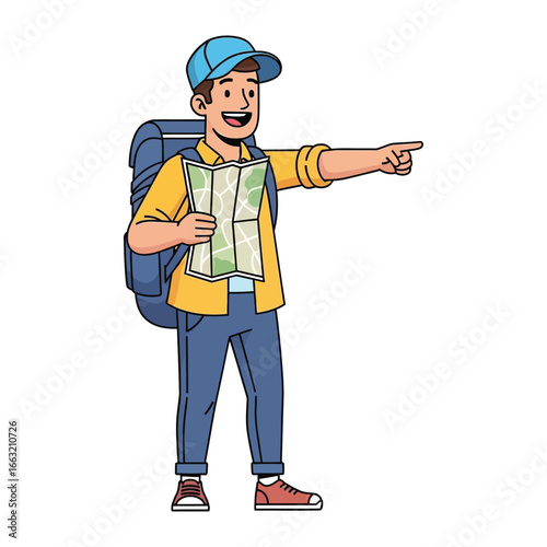 Navigating the Journey: A vibrant illustration of a young traveler confidently embarking on an adventure, a map guiding his way, a beckoning hand to a world of discovery. 