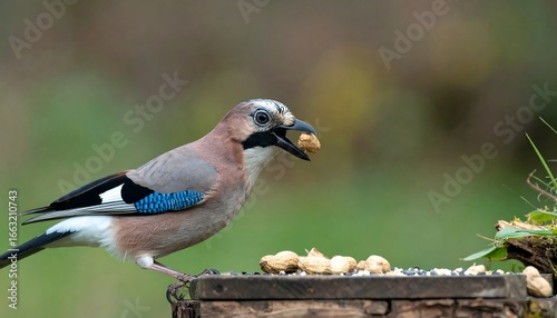 Eurasian Jay bird feeding on peanuts