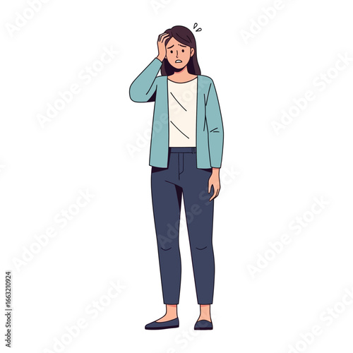 Tired and Stressed: A young woman, radiating exhaustion and stress. Hand on forehead, conveying the overwhelming pressures of the day.