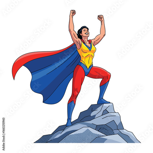Super Hero Triumph: A powerful female figure, embodying strength and determination, stands triumphant atop a rugged peak, arms raised high in a vibrant display of victory. Her cape billows.