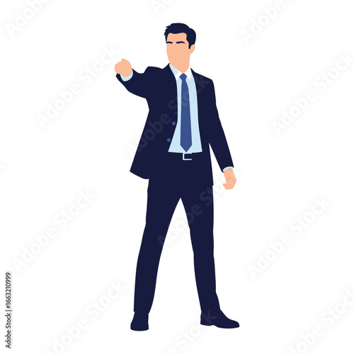 Dynamic Professional: A confident businessman in a tailored suit makes a decisive gesture, embodying leadership and direction in a minimalist and modern style.