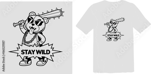 Stay Wild Bear Mascot with Spiked Bat and Sunglasses, Urban Streetwear Design