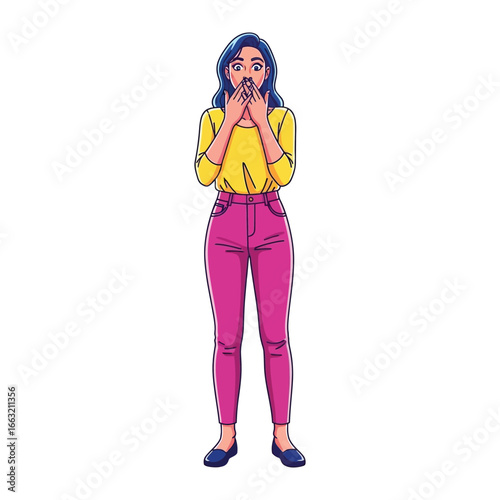 Shocked Expressions: A stylish woman stands in stunned silence, her hands covering her mouth as surprise. Illustrated with striking graphics.