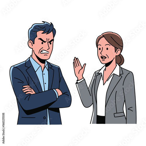 Confrontation Illustration: A tense exchange between a man and a woman, a visually striking illustration capturing conflict and disagreement. Expressing strong emotions in business concept.
