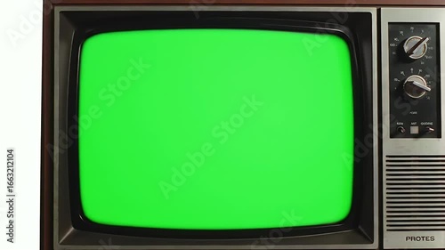 Vintage Television with Bright Green Chroma Key Screen Isolated on White Background, Retro TV Set for Digital Content Mockup and Compositing