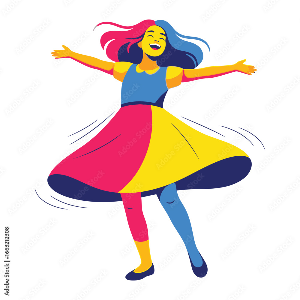 Fototapeta premium Joyful twirling in the colorful fashion: A cheerful girl twirling with open arms, radiating energy and happiness in her whimsical attire, perfect for conveying fun and vibrancy.