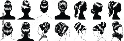 Women hairstyle illustrations, elegant updo vector, ponytail hair design, bridal hair clipart, fashion hairstyle art, formal hair graphic, beauty salon icon set