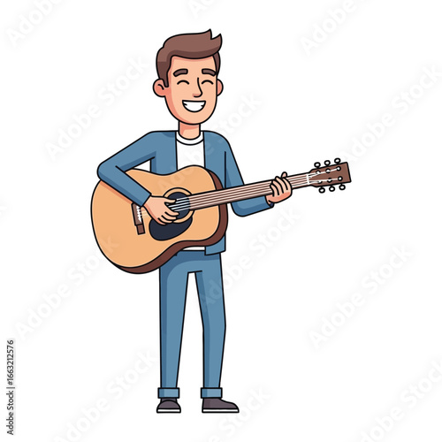 Melody Maker: A vibrant illustration of a musician playing an acoustic guitar. Captured with simple lines and bright colors.