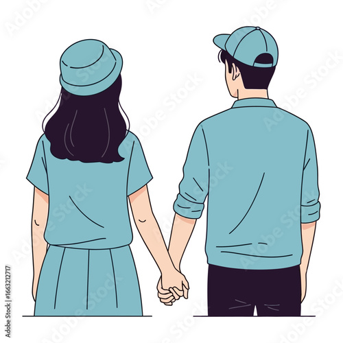 Couple's Gentle Bond: Two figures, hand in hand, are captured in a tender illustration, their connection radiating warmth and affection. Reflecting on unity and intimacy, and emotional attachment.