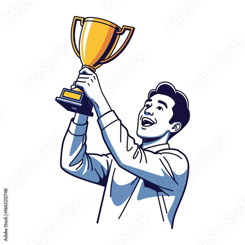 Celebratory Achievement: A depiction of a person jubilantly hoisting a golden trophy into the air, embodying achievement and victory.