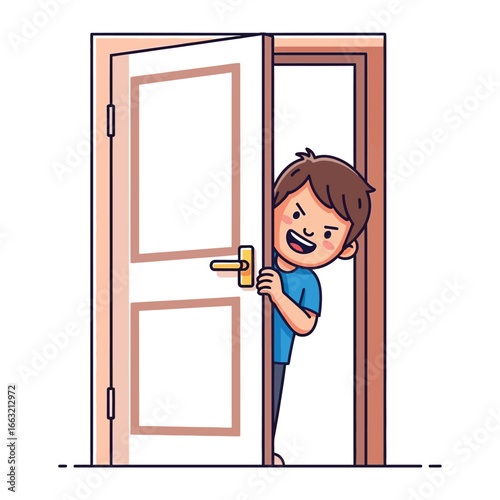 Curious Glimpse: A charming cartoon depicts a cheerful boy peeking from behind an open door, conveying a sense of wonder and exploration. 
