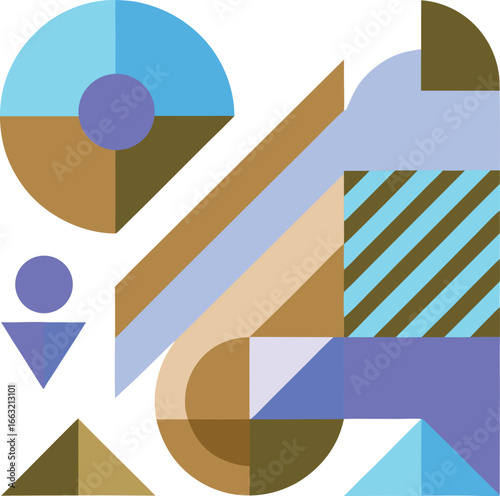 Abstract geometric shapes and colors. The composition features a variety of shapes in multiple colors, creating a sense of modernity and design