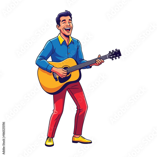 Singing Serenade: An animated, full-body depiction of a singer joyfully strumming a guitar, his face alight with the thrill of performance. Capturing the spirit of music and happiness.