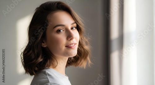Confident cute teen with shoulder-length brown hair smiles gently, looking over her shoulder towards a bright window. Free Download Confident cute teen with shoulder-length brown hair smiles gently, looking over her shoulder towards a bright window. - GFXLoad