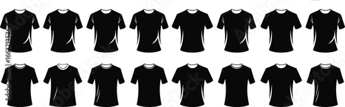 Black t‑shirt set, blank apparel template, fashion clothing icons, short sleeve and long sleeve styles, unisex casual wear vector illustration
