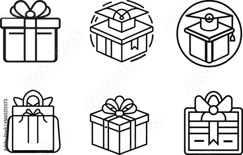 "Gift and Education Icons – Line Style Presents, Shopping Bag, Graduation Box, and Certificate"

