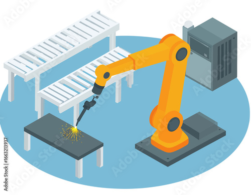 Illustrating the core concept of modern industrial automation, a precise robotic arm efficiently performs welding on an assembly line, symbolizing advanced manufacturing
