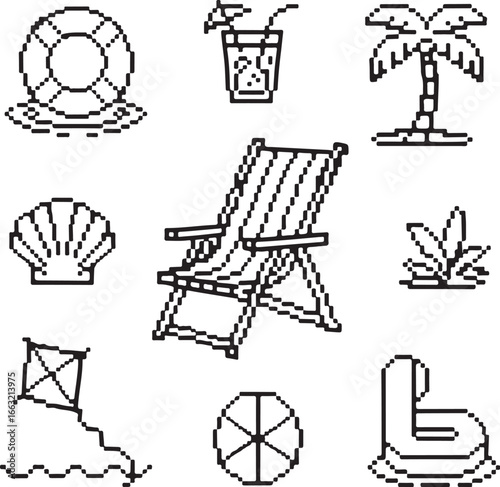 Coastal Fun Pixel Vector Icons Lifebuoy, Cocktail, Palm Tree, Shell, Beach Chair, Kite, Swimming Float