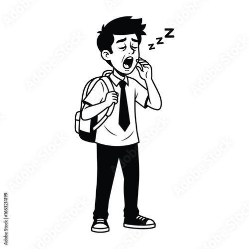 Drowsy student yawning: A black and white illustration captures a young student, burdened with a backpack, caught in a yawn, depicting the struggles of fatigue and the weariness of education.