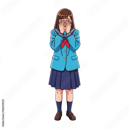 Embarrassed school girl in uniform: Captured here is a young girl, her face concealed, revealing a glimpse into a state of mind, evoking introspection and a sense of privacy. 