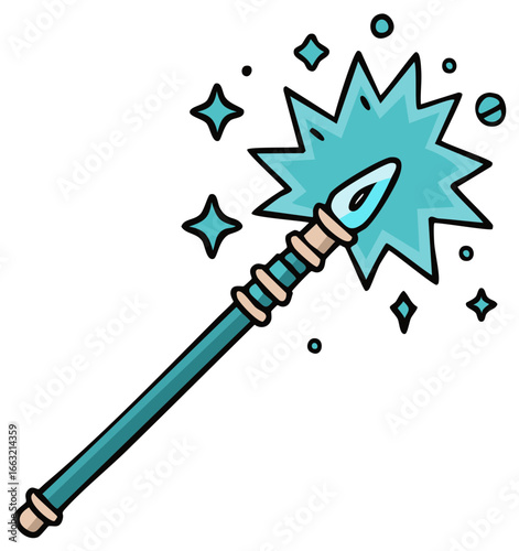 Blue Magic Wand with Stars and Sparkling Light Magical Object