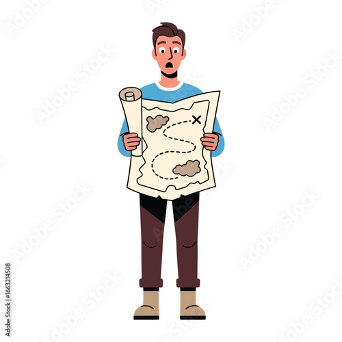 Lost Explorer: A young explorer, with an expression of confusion, holds a detailed map. He stands puzzled, conveying a sense of being disoriented on his journey