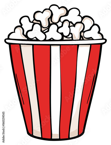 Classic red and white striped popcorn bucket filled with fluffy kernels ready for movie night or snack time.
