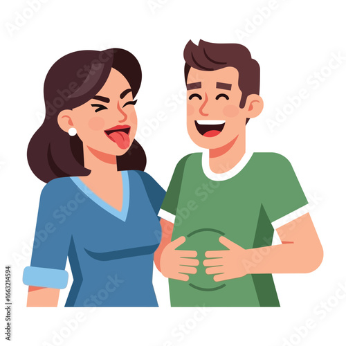 Shared Amusement: A cheerful couple revels in a moment of laughter, capturing the lightheartedness and affectionate bond in a bright, cheerful style.