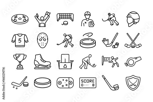 Ice Hockey Elements Vector Icon Set. Ice Hockey, Hockey Stick, Puck, Skates, Player, Goal, Hockey Jersey, Ice Rink, Helmet, Trophy, Sports Equipment, Whistle, Hockey Game, and More. Editable Stroke. 